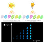 Instruction graphic for glow pebbles: colorful stones shown under a sun (step 1: place pebbles in sunlight) and under a lightbulb (step 2: place pebbles under a lamp) to “absorb” light; bottom chart shows brightness decreasing over time with fading blue glow droplets.