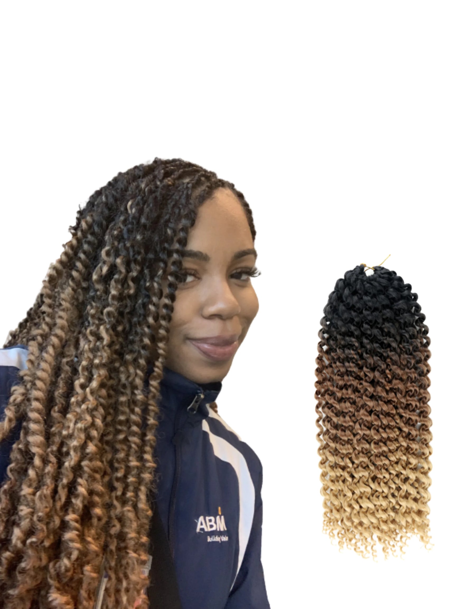 Woman wearing long curly twist braids with a black-to-honey-blonde ombré, shown beside a matching crochet hair extension bundle on a white background.