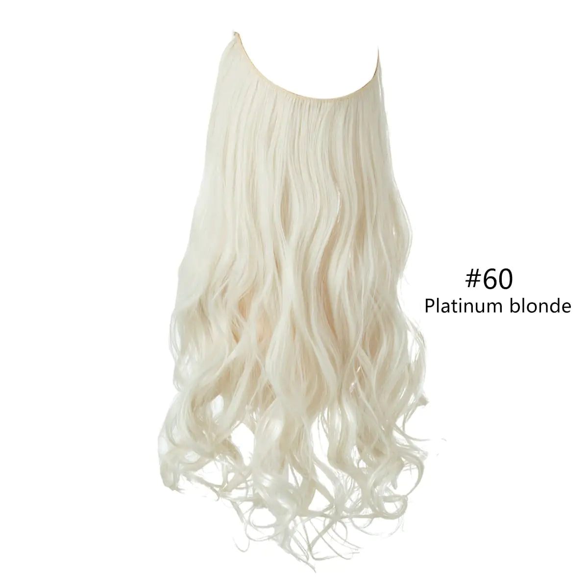 A long, wavy, platinum blonde hairpiece labeled as "#60" hanging against a white background.