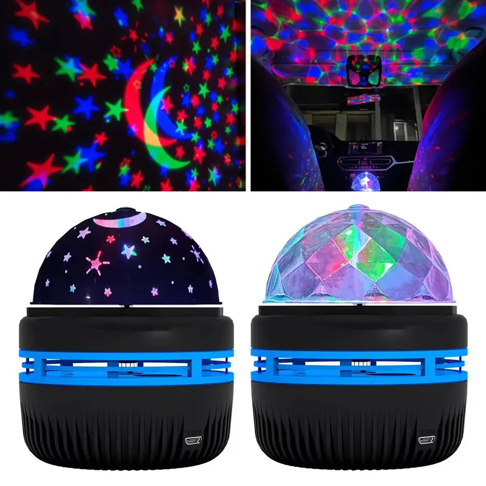 LED star projector night light shown in a collage: colorful stars and a crescent moon projected on walls and a car ceiling, plus two dome-topped projector units with multicolor lighting.