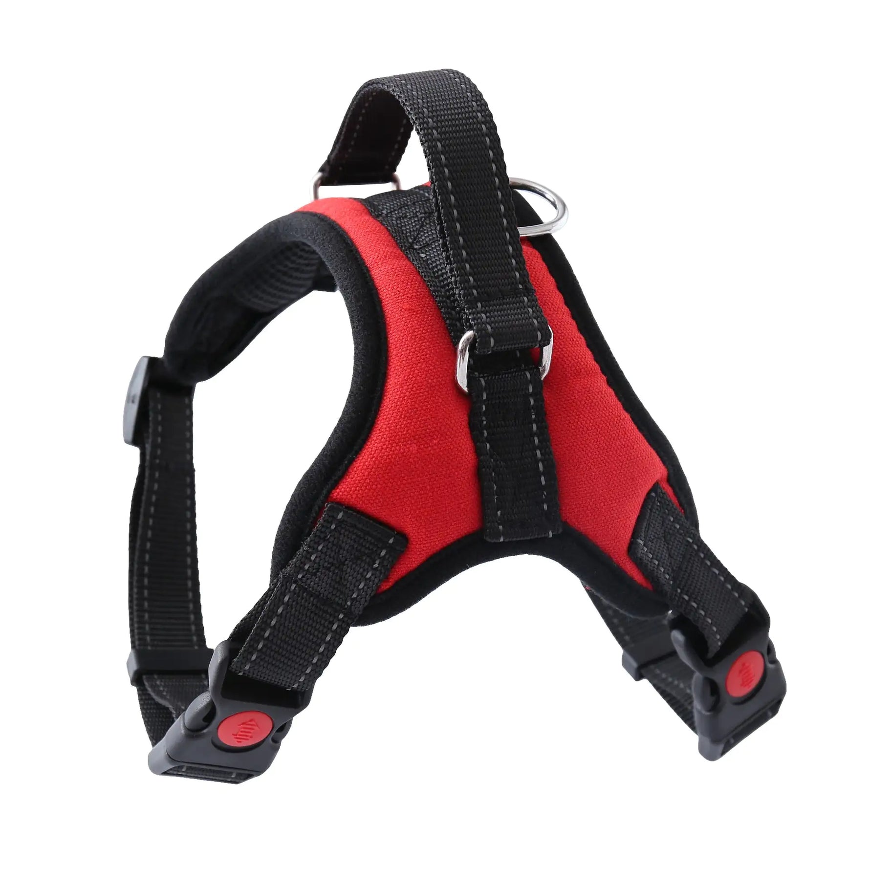 Red and black padded dog harness with adjustable straps, quick-release buckles, and a metal D-ring for leash attachment.