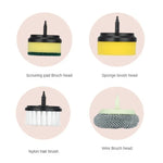 Four interchangeable cleaning brush heads: scouring pad, sponge, nylon bristles, and wire brush, each labeled.