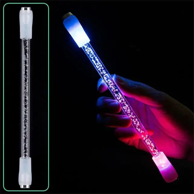 LED bubble light wand with clear tube and glowing blue-to-pink lights, shown lit in a hand against a black background, with an unlit version pictured on the left.