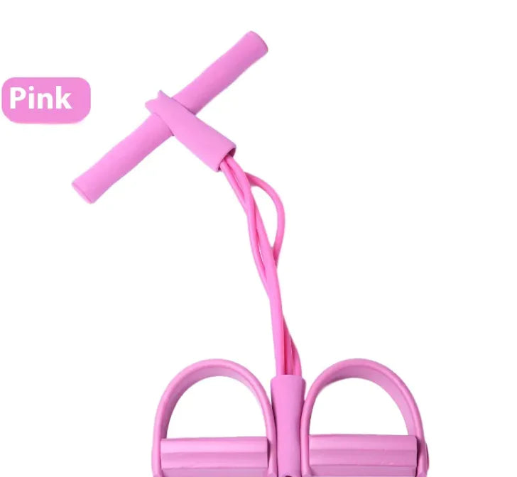 Pink resistance band exerciser with foam-covered handlebar and dual foot pedals, connected by four elastic tubes. Designed for home workouts, stretching, or strength training. Displayed against a white background.