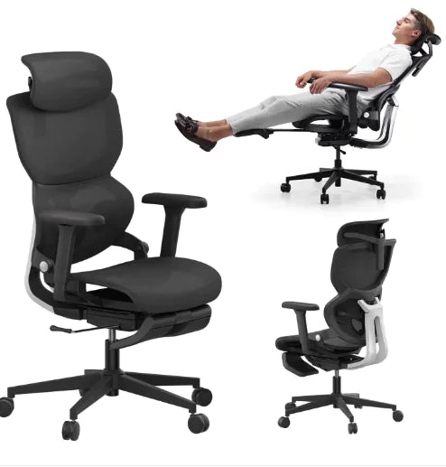 Ergonomic office chair with various angles shown on a white background