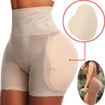 Nude high-waisted shapewear shorts with padded hips, shown with close-up inset and side-profile example.