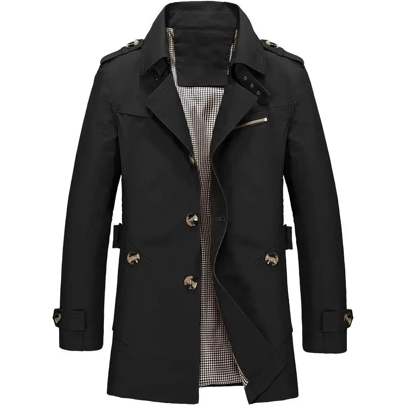 Tan trench-style coat with wide lapels, shoulder epaulets, buttoned front, zip chest pocket, and cuff straps, shown on a white background.