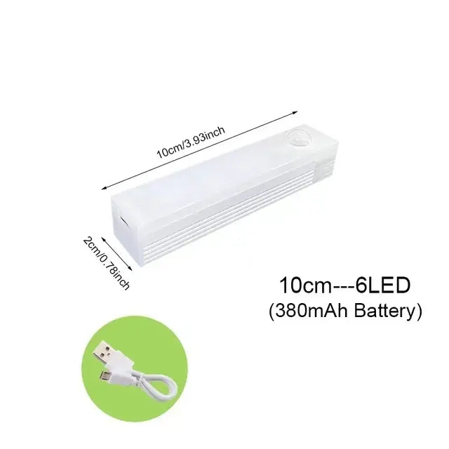 This image shows a small, white LED light with a length of 10 cm (3.93 inches), a 380mAh battery, and includes a USB charging cable.