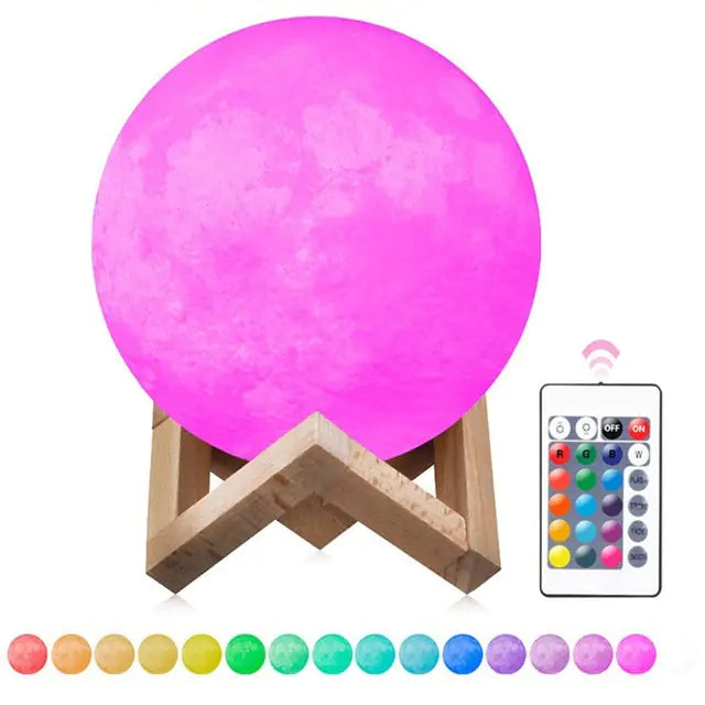 A glowing pink moon-shaped lamp on a wooden stand, shown with a color-changing remote and a row of different color options along the bottom.