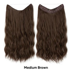 Medium brown wavy clip-in hair extension weft shown from the front and back on a white background, with the label “Medium Brown.
