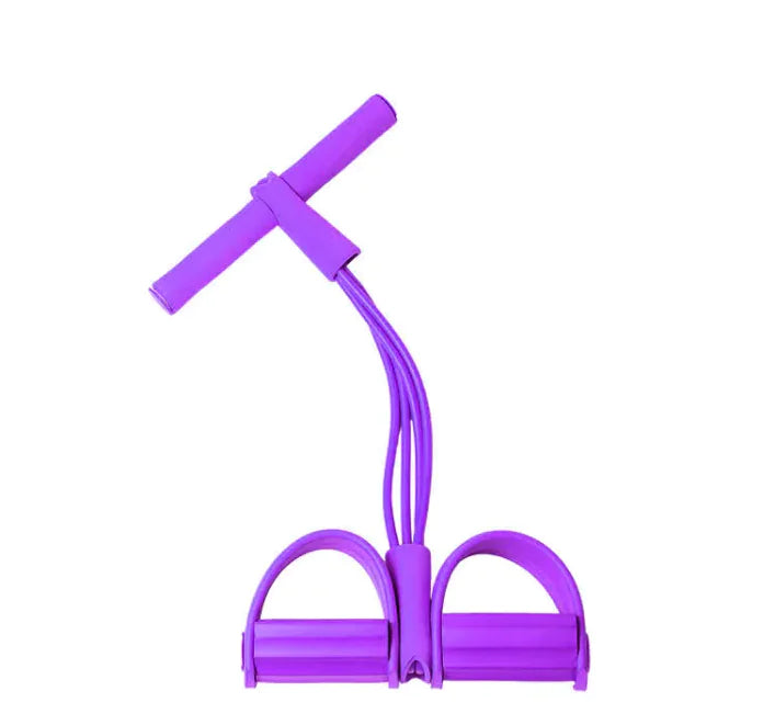 Pink resistance band exerciser with foam-covered handlebar and dual foot pedals, connected by four elastic tubes. Designed for home workouts, stretching, or strength training. Displayed against a white background.