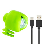 Neon green clip-on mini LED light with USB charging cable.