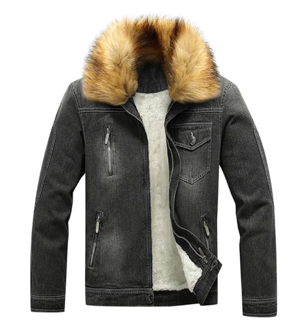 Men's Winter Fur-Lined Denim Jean Jacket
