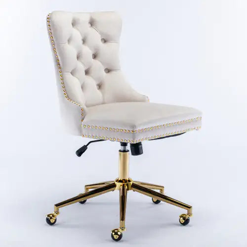 Decorative office chair with tufted backrest and gold accents on a white background