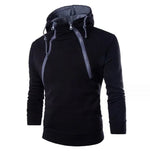 A stylish black hoodie with a high-collar design and an asymmetrical zippered front. The hoodie features a unique double zipper detail running diagonally from the chest to the neck, with adjustable drawstrings. The interior lining of the hood is gray, adding a contrasting touch to the overall sleek and modern look.