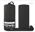 Black microfiber towel set shown with a cylindrical carry bag labeled “MICROFIBER TOWEL Beach·Sports·Travel,” a flat towel marked 50×110 cm, and a rolled towel on a white background.