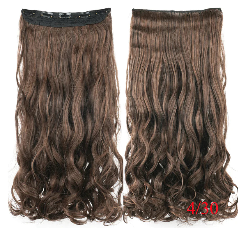 Two long wavy clip-in hair extensions brown, shown front and back with a clip weft on a white background; text reads “Golden Blonde / Beach Blonde.”