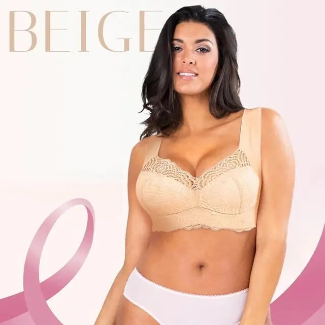 Beige lace bralette with wide shoulder straps, scalloped trim, and a supportive full-coverage design.