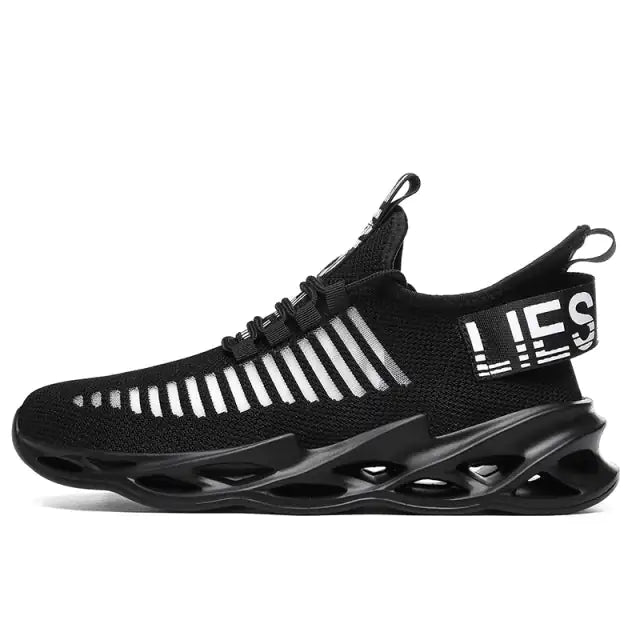 Black knitted lace-up trainers with chunky hollow sole.