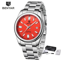 Stainless steel watch with a vibrant orange dial and sleek metal bracelet