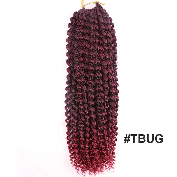 Deep burgundy curly hair extension labeled "#TBUG.