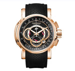 Rose-gold men’s wristwatch with a black perforated rubber strap and a detailed black dial featuring multiple subdials and layered chronograph-style markings, shown on a white background.