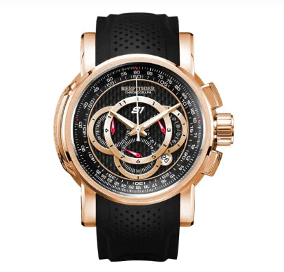 Rose-gold men’s wristwatch with a black perforated rubber strap and a detailed black dial featuring multiple subdials and layered chronograph-style markings, shown on a white background.