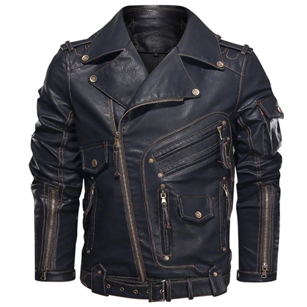 Black faux leather biker jacket with multiple zipped pockets.
