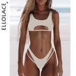 Model wearing a lilac/off-white cutout bikini set on a beach, with “ELLOLACE” text along the left side.