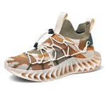 Tan knit sneaker with lace-up front, striped side detail, and chunky hollow sole.

