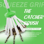 Green promotional graphic for a “catcher brush” insect tool, showing a green-handled brush trapping a spider, with text describing its squeeze grip.
