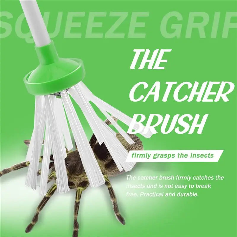 Green promotional graphic for a “catcher brush” insect tool, showing a green-handled brush trapping a spider, with text describing its squeeze grip.