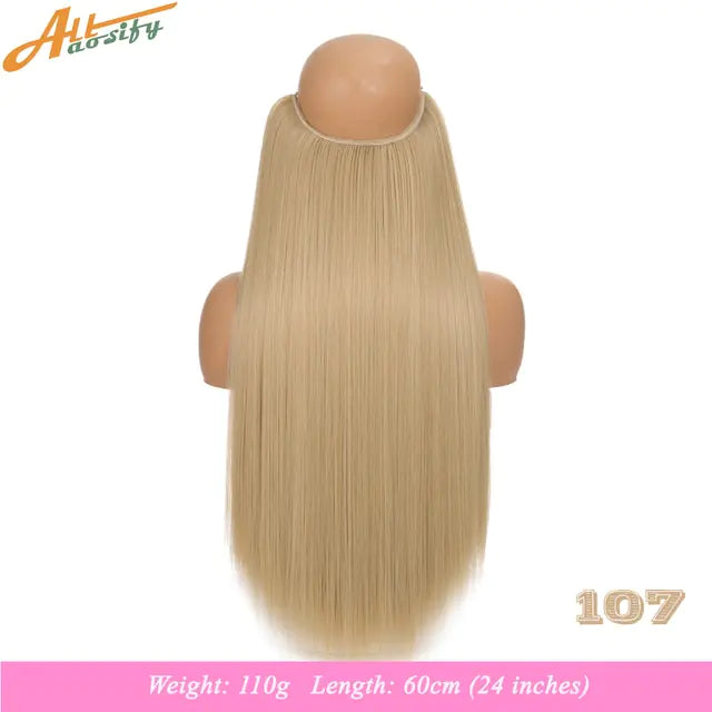 Back view of a mannequin head wearing a long, straight blonde hairpiece; text at the bottom reads “Weight: 110g Length: 60cm (24 inches),” with “105” in the lower-right corner.