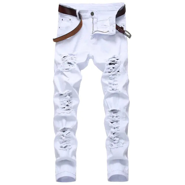White slim-fit distressed jeans with multiple ripped details across the thighs, knees, and lower legs. The pants are shown front-facing against a plain light gray background and styled with a brown belt and a small attached pouch at the waistband.