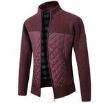 A stylish men's jacket with a combination of quilted and knitted fabric in a deep burgundy color. The upper part, sleeves, and collar feature a textured knit pattern, while the lower front and back panels have a quilted, padded design. The jacket has a full-length zipper, a high collar, and a plaid-patterned inner lining for added warmth and style.