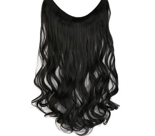 Long black wavy clip-in hair extension piece, shown hanging on a white background.
