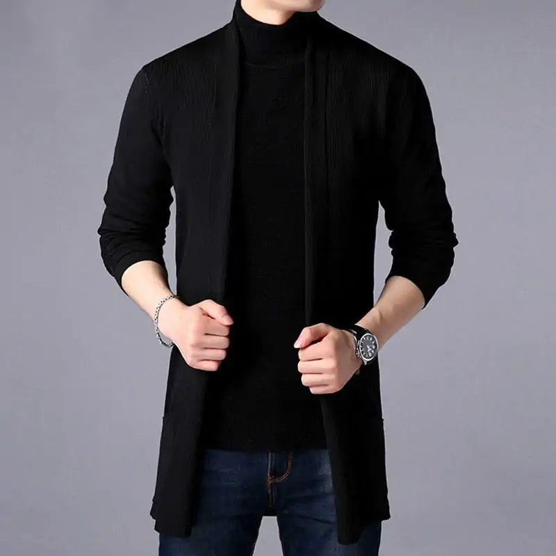 Men’s black open-front longline cardigan.
