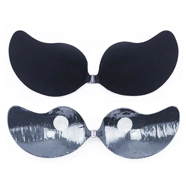 Black adhesive stick-on bra with lace-up centre closure, shown front and back.