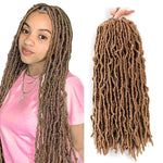 Woman wearing long brown faux locs, shown beside a matching bundle of textured loc hair extensions held in a hand on a white background.