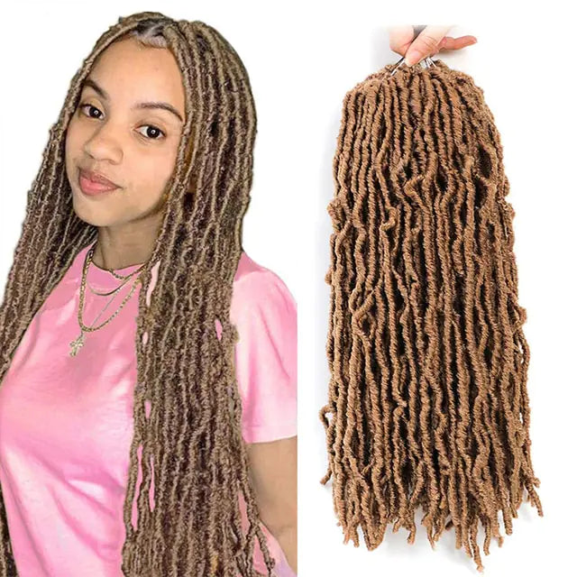 Woman wearing long brown faux locs, shown beside a matching bundle of textured loc hair extensions held in a hand on a white background.