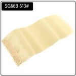 Smooth, straight medium-brown clip-in hair extension weft with a blondeattachment band, labeled “SG66B 12#” in the top-left corner.