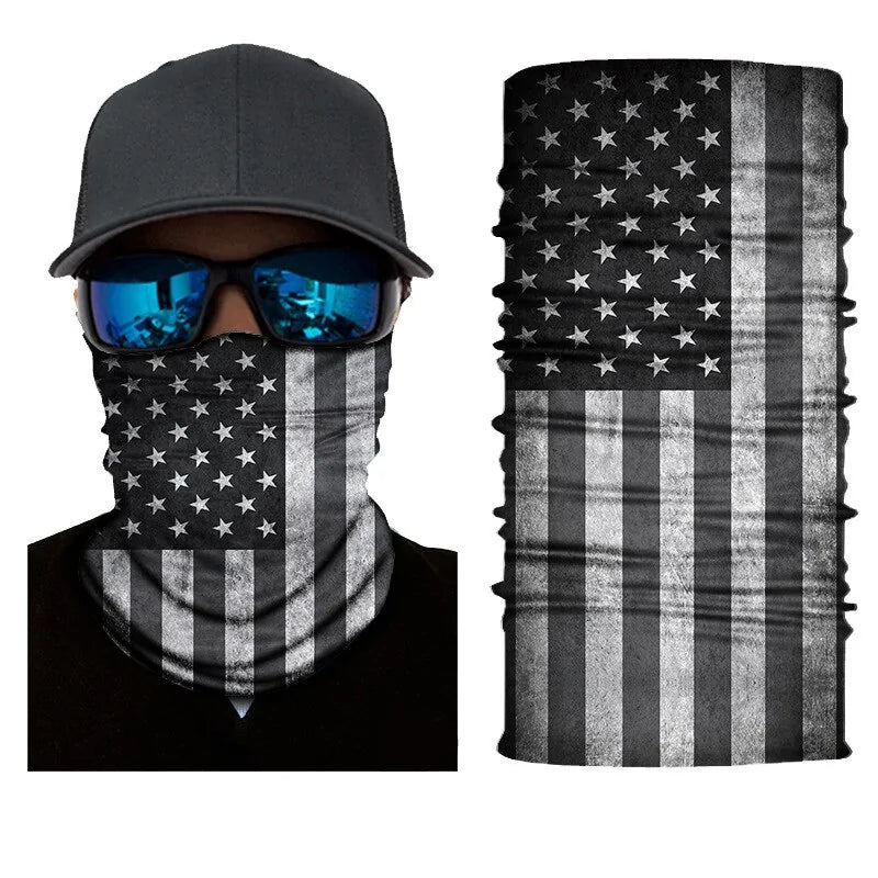 Black and grey American flag neck gaiter.
