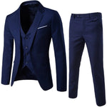 Navy blue three-piece suit set—blazer and matching trousers with a buttoned waistcoat—shown on a white background.
