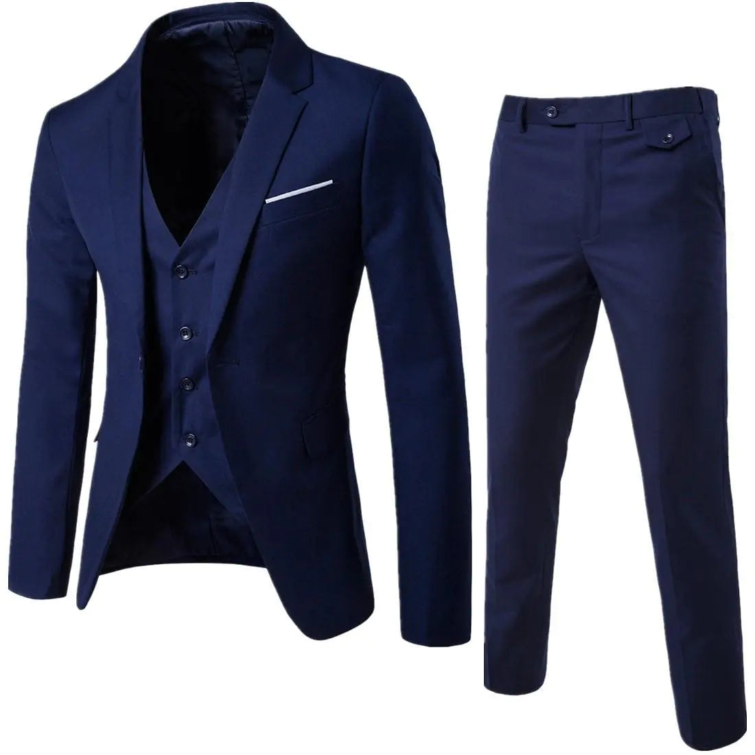 Navy blue three-piece suit set—blazer and matching trousers with a buttoned waistcoat—shown on a white background.