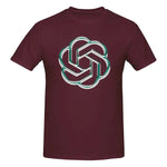 Maroon crew neck T-shirt with a large central geometric logo print.