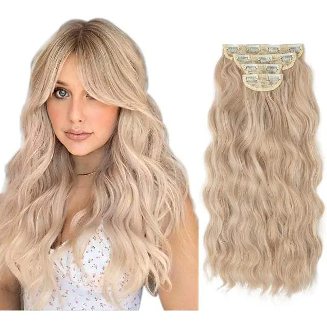Model with long, wavy light blonde hair beside a matching clip-in hair extension weft in pale blonde, on a white background.
