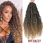 Woman modeling long curly ombré faux locs in dark brown fading to honey blonde, shown alongside the bundled hair extension labeled “MT1B/27