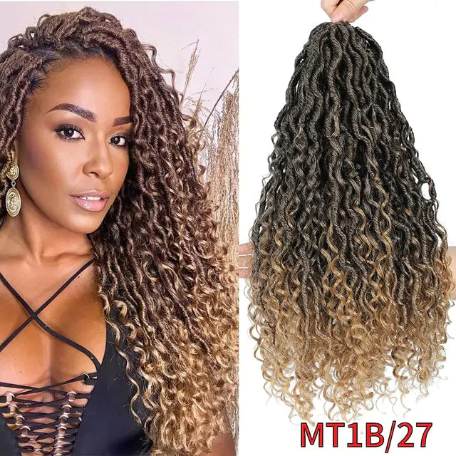 Woman modeling long curly ombré faux locs in dark brown fading to honey blonde, shown alongside the bundled hair extension labeled “MT1B/27