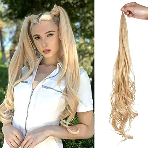 A side-by-side product image showing a blonde woman outdoors wearing long, wavy high pigtails, next to a matching long, wavy blonde ponytail hair extension being held up by a hand on a white background.