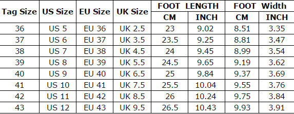 Women’s Trendy Sock Sneakers Size Chart